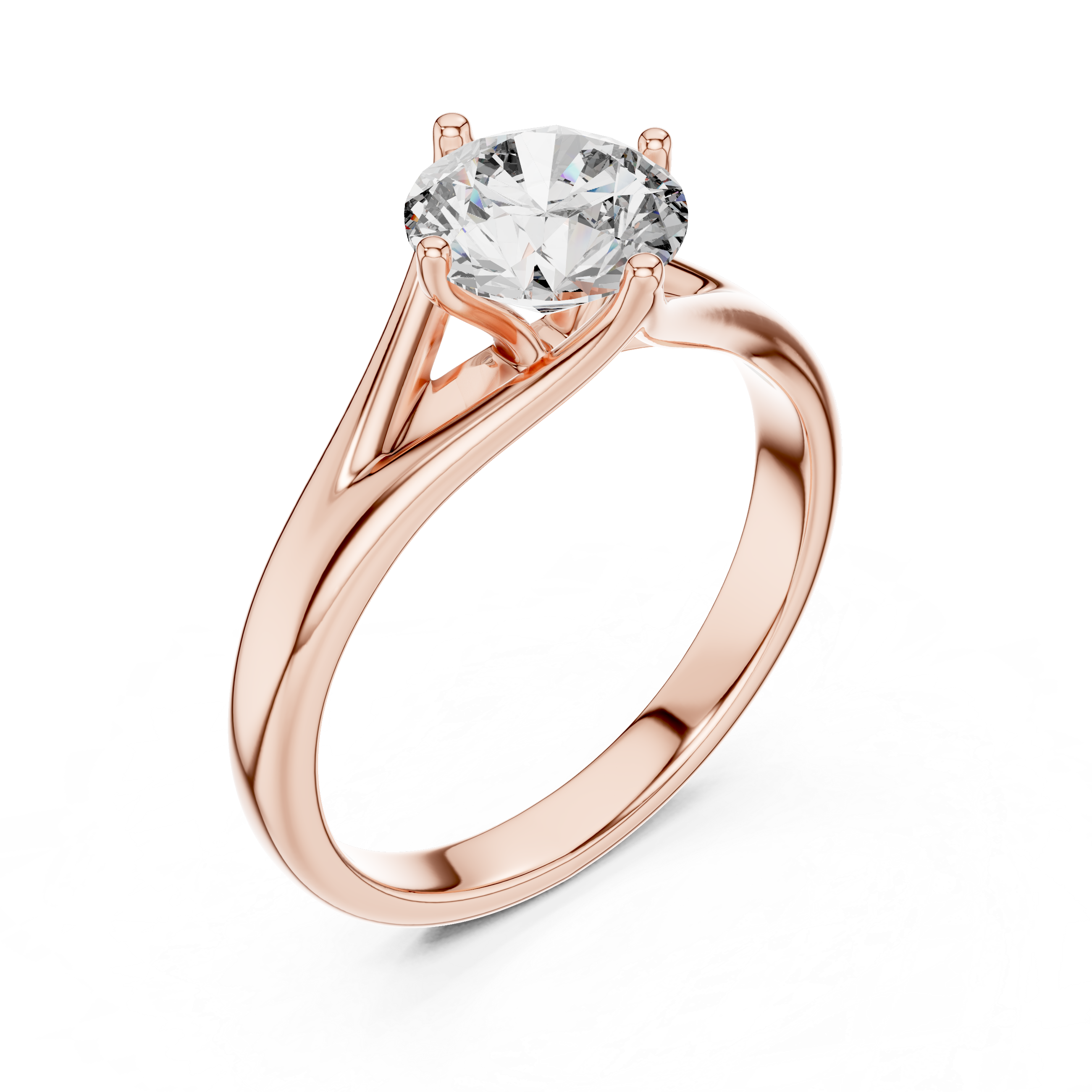 Rose gold ring with a clear gemstone on a white background